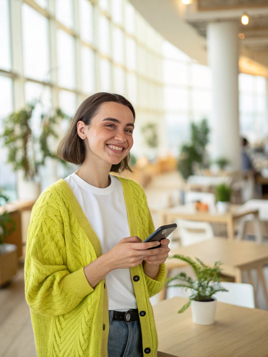 Persona sorridente con smartphone